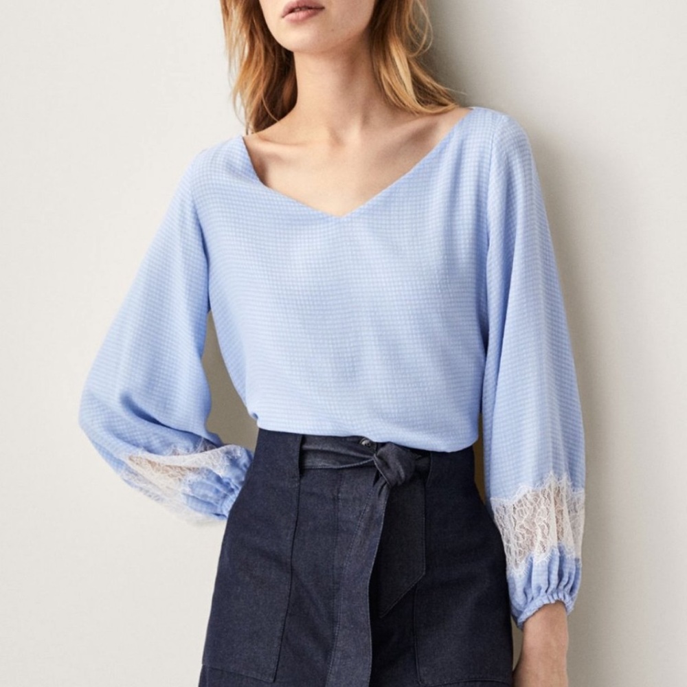 Massimo Dutti Blue Gingham Blouse Lace Sleeve Top Size 6 Elegant